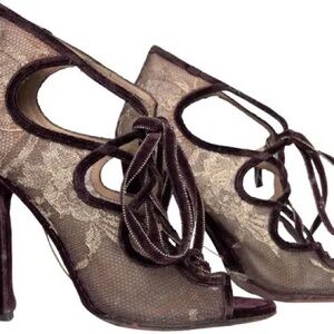 Salvatore Ferragamo gold Lace and purple Velvet Lace up heels